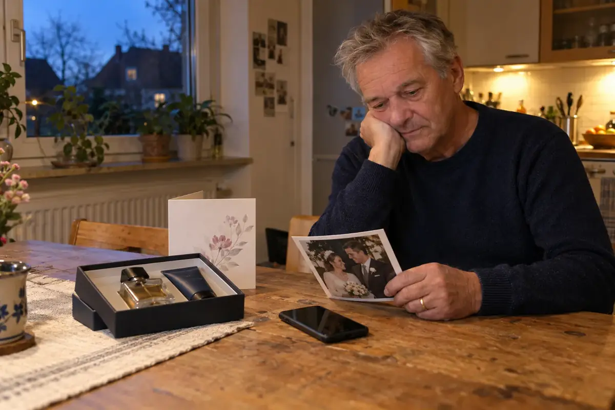 Ein Mann sitzt mit einem alten Hochzeitsfoto und einem gewöhnlichen Geschenk am Küchentisch