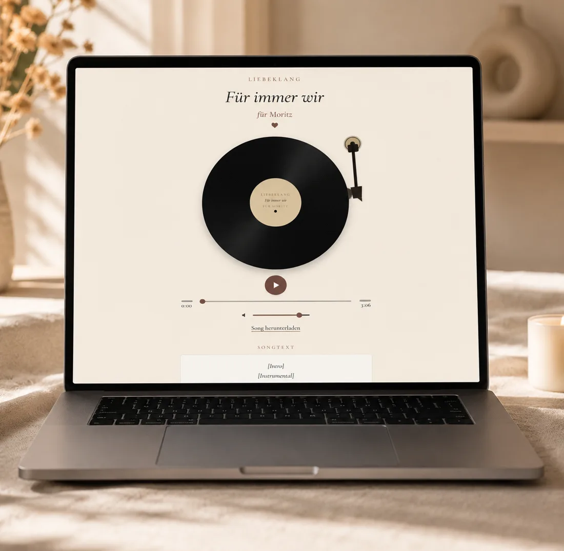 Digitale Geschenkseite mit Plattenspieler auf einem Laptop