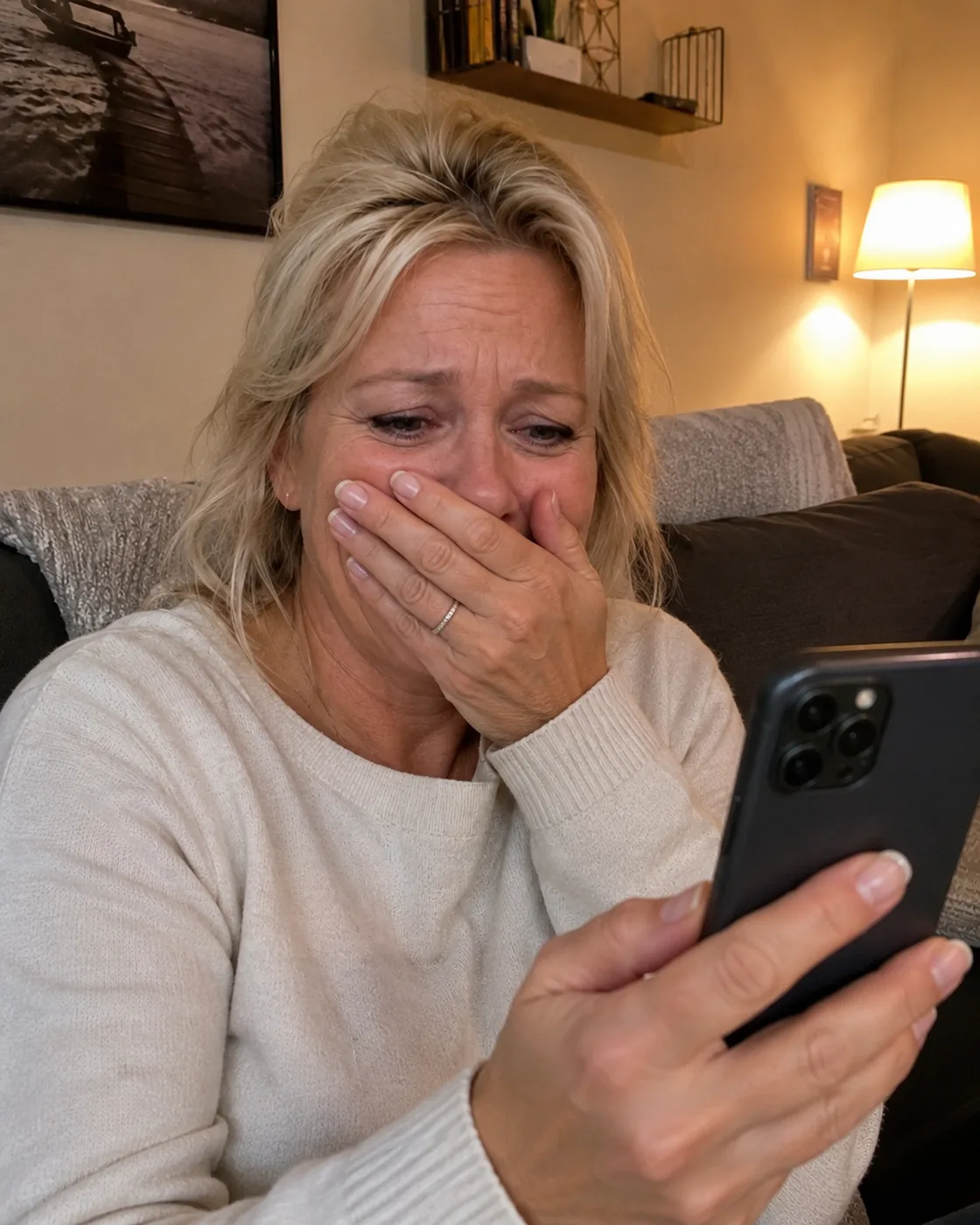 Frau schaut emotional auf das Handy