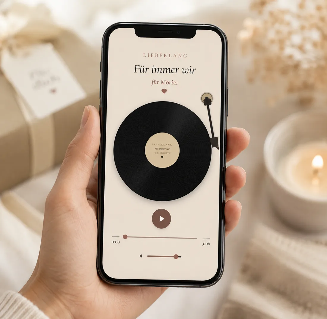 Digitale Geschenkseite mit Plattenspieler auf dem Smartphone
