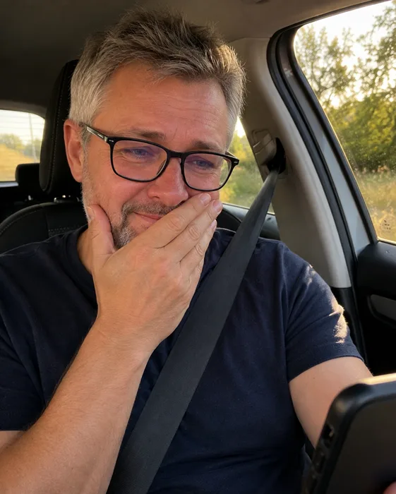 Mann emotional mit Handy im Auto