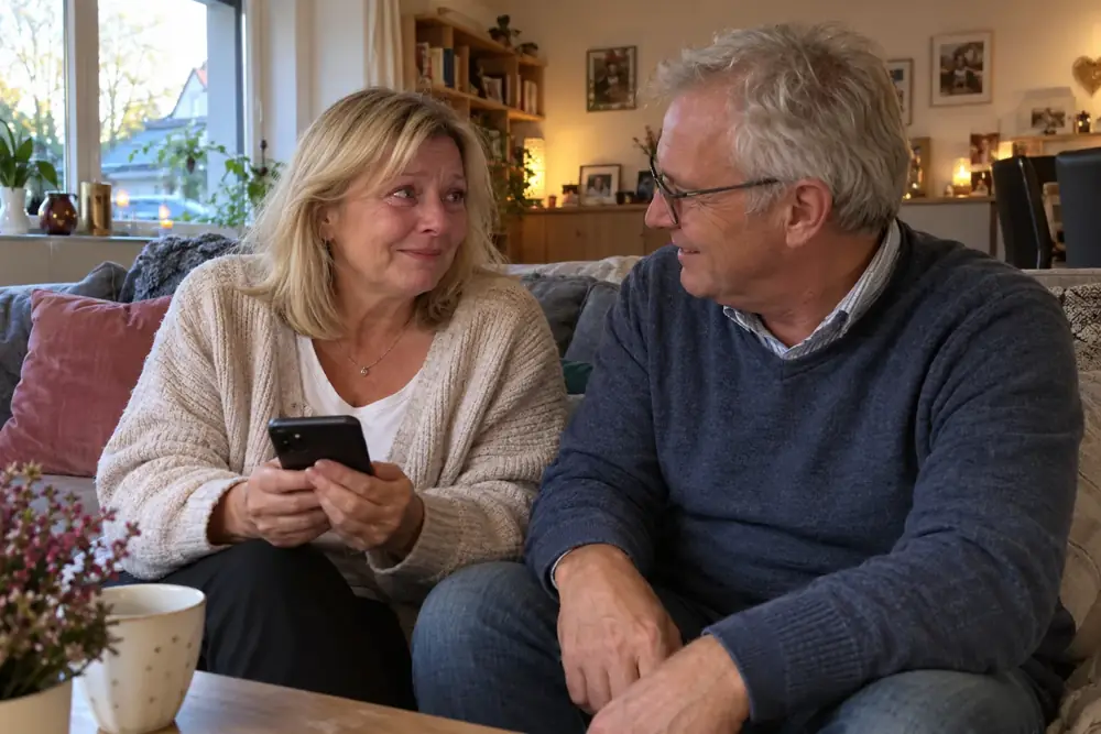 Ein älteres Ehepaar schaut sich beim Anhören auf dem Sofa emotional an