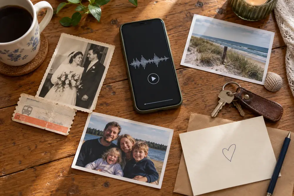 Gemeinsame Erinnerungen liegen neben einem Smartphone mit Audiowiedergabe auf einem Holztisch